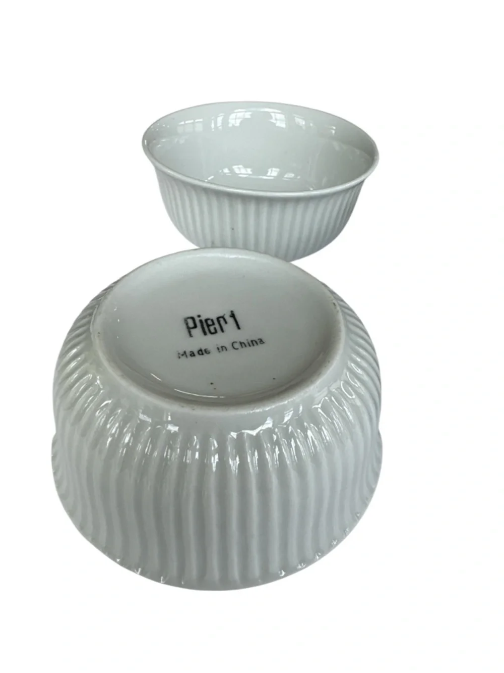 Pier 1 Mini Ceramic Prep Bowls Set of 4 off white vertical ribbed pattern